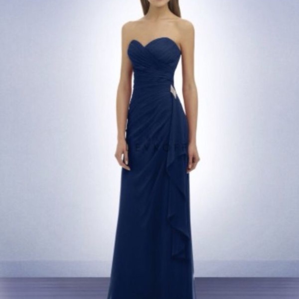 Navy blue Bill Levkoff bridesmaid dress.